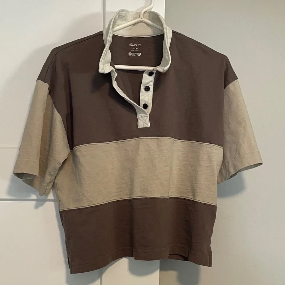 Madewell Women’s Crop Casual Button Down Shirt in Brown and Cream - Picture 1 of 3